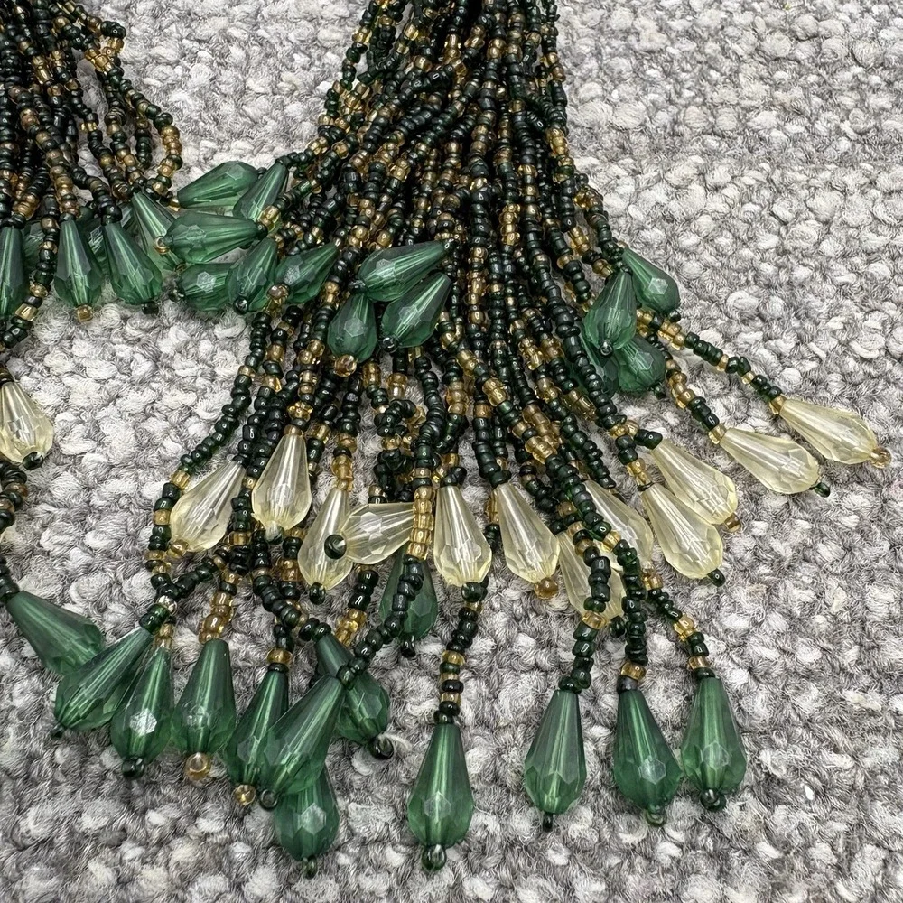 Beaded Curtain Tie Back Embellished Green Cream Brown Tones VTG Beautiful Home